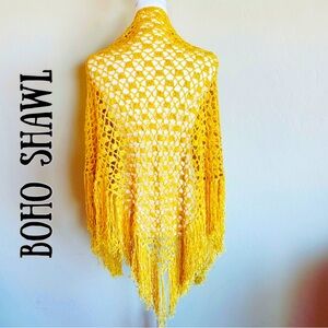 Bohemian Golden Yellow Crochet Fringed Triangle Shawl